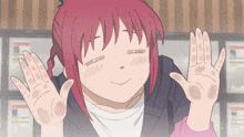 a cartoon girl with red hair is smiling with her hands in the air