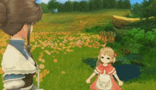 a woman and a little girl are standing in a field of flowers in a video game