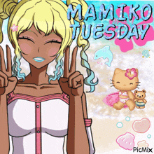 a drawing of a girl with the words mamiko tuesday written on it