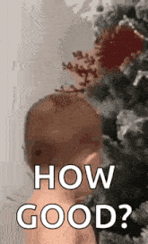 a baby is standing in front of a christmas tree and saying `` how good ? ''
