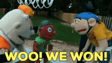 a group of stuffed animals are standing next to each other with the words woo we won written on the bottom