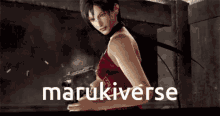 a woman in a red dress is holding a gun and the word marukiverse is behind her