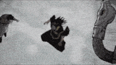 a black and white drawing of a person flying through the air