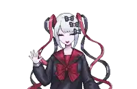 a pixel art drawing of a girl in a school uniform waving her hand .