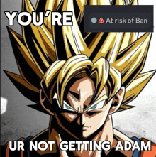 a picture of a cartoon character that says you 're at risk of ban ur not getting adam