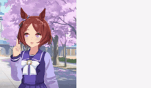 a girl with horse ears is wearing a purple uniform