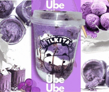 a cup of milkitas ube ice cream surrounded by ice cream scoops