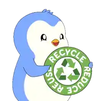 a penguin is holding a sign that says recycle reduce reuse