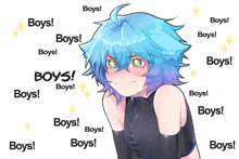 a girl with blue hair is surrounded by boys stickers