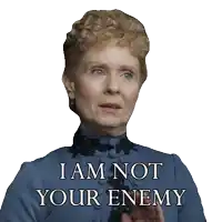 a woman in a blue dress has the words i am not your enemy written on her face