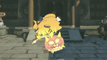 a cartoon character with yellow hair is holding a red object in front of a building