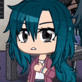 a close up of a cartoon character with blue hair making a face