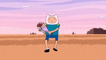 a cartoon character with a bouquet of flowers