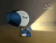 a cartoon character is holding a flashlight and says cn on the bottom