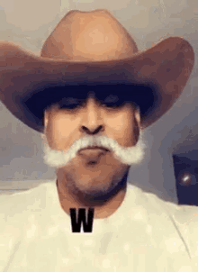 a man wearing a cowboy hat and a mustache is smoking a cigarette .