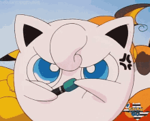 jigglypuff from pokemon is holding a microphone in its mouth and making a funny face .