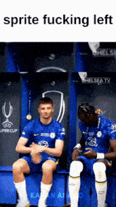 two soccer players are sitting on a bench in a locker room with the caption `` sprite fucking left '' .