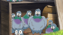a group of pigeons standing in a wooden box