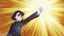 a girl in a black jacket is holding a small object in her hand