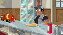 a cartoon drawing of a man standing behind a counter