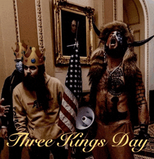 a poster for three kings day shows a man in a costume