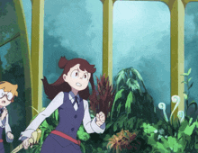 a girl holding a broom stands next to another girl in a garden