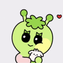 a cartoon drawing of a green alien holding a stuffed animal surrounded by hearts