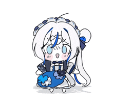 a drawing of a girl with white hair and blue ribbons sitting on the floor .