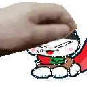 a hand is petting a cartoon cat wearing a scarf