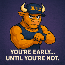 a bull wearing a hat that says bulx is looking at his watch