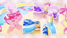 a bottle of perfume and a bottle of lipstick on a table with lace borders