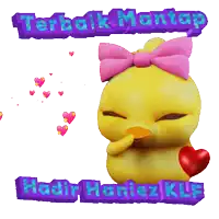 a yellow duck with a pink bow on its head holds a red heart and says terbaik mantap
