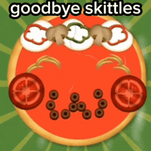 a picture of a pizza with the words goodbye skittles above it