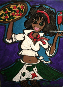 a colorful painting of a woman holding a pizza and a wine glass