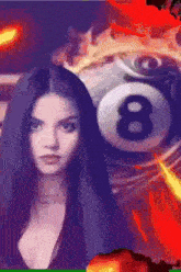 a woman standing in front of a pool ball with the number 8 on it