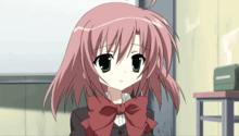 a girl with pink hair and a red bow on her tie