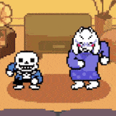 a pixel art drawing of a skeleton and a goat dancing