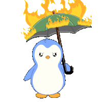 a penguin holding an umbrella with flames on it