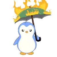 a penguin holding an umbrella with flames on it