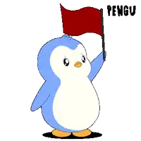 a cartoon penguin is holding a red flag and the word pengu is above it