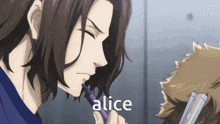 a man with long hair is holding a pen and the word alice is on the bottom right