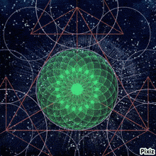 a green sphere is surrounded by red triangles and circles with pixiz written on the bottom