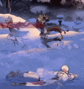 a cartoon character is laying on the ground in the snow while another character is running