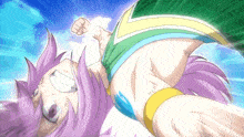 a cartoon character with purple hair and a green and blue outfit