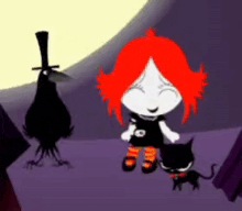a cartoon girl with red hair is standing next to a black cat