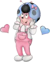 a ladybug wearing pink overalls and a blue helmet