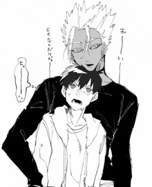 a black and white drawing of two anime characters