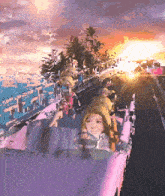 a group of people are riding a roller coaster in a pink car