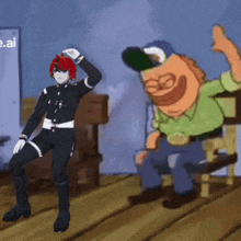 a cartoon character with red hair is standing next to a man in a green shirt who is sitting on a chair