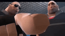 two cartoon characters are standing next to each other and their arms are very large .